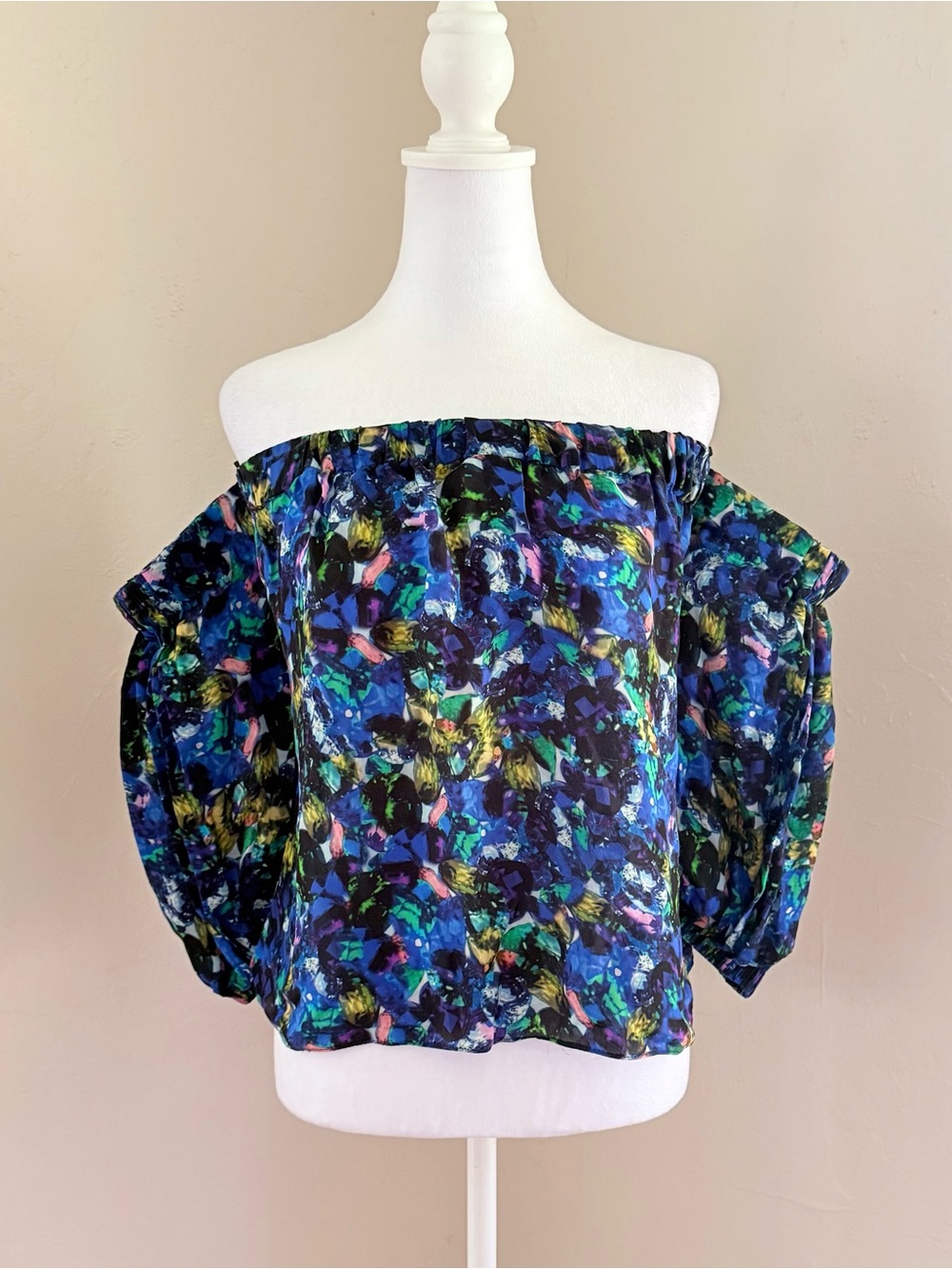 Milly New York 100% Silk Off The Shoulder Top Cobalt Blue Multicolor Print XS /P